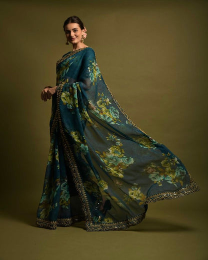 GAJARI COLOR HEAVY SOFT CHIFFON FLORAL PRINT SAREE