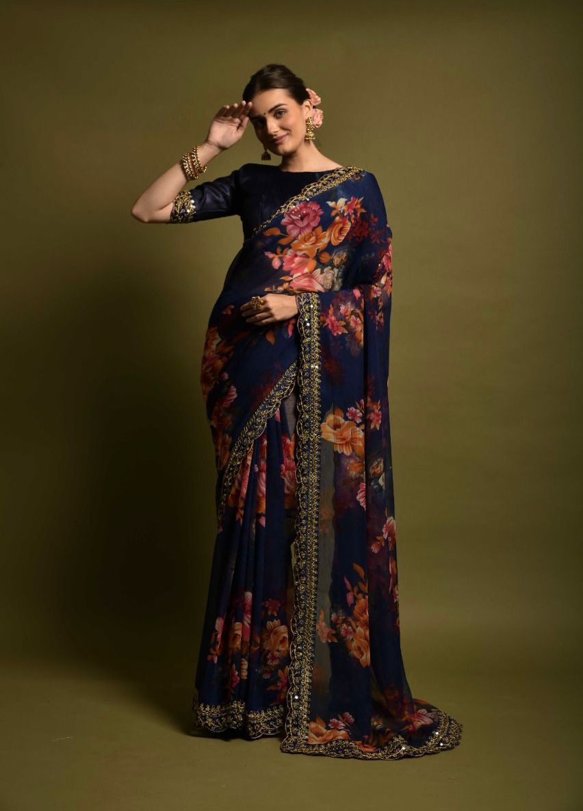 GAJARI COLOR HEAVY SOFT CHIFFON FLORAL PRINT SAREE