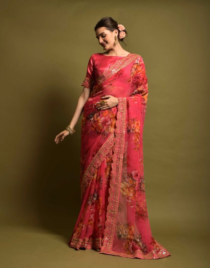 GAJARI COLOR HEAVY SOFT CHIFFON FLORAL PRINT SAREE