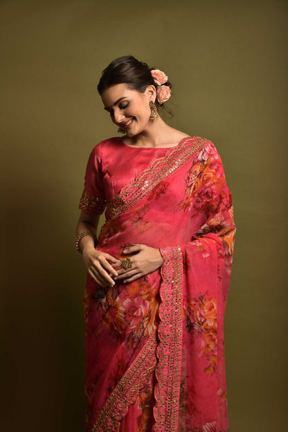 GAJARI COLOR HEAVY SOFT CHIFFON FLORAL PRINT SAREE