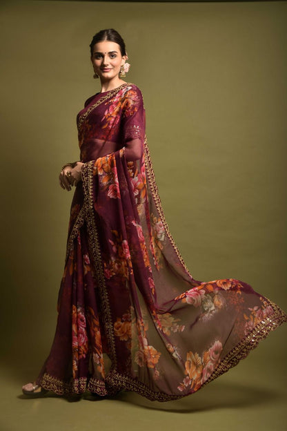 GAJARI COLOR HEAVY SOFT CHIFFON FLORAL PRINT SAREE