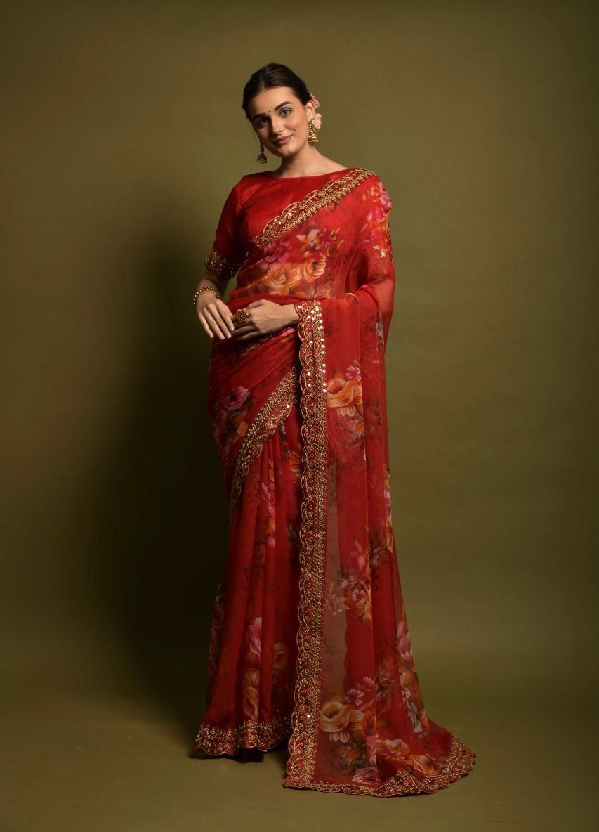 GAJARI COLOR HEAVY SOFT CHIFFON FLORAL PRINT SAREE