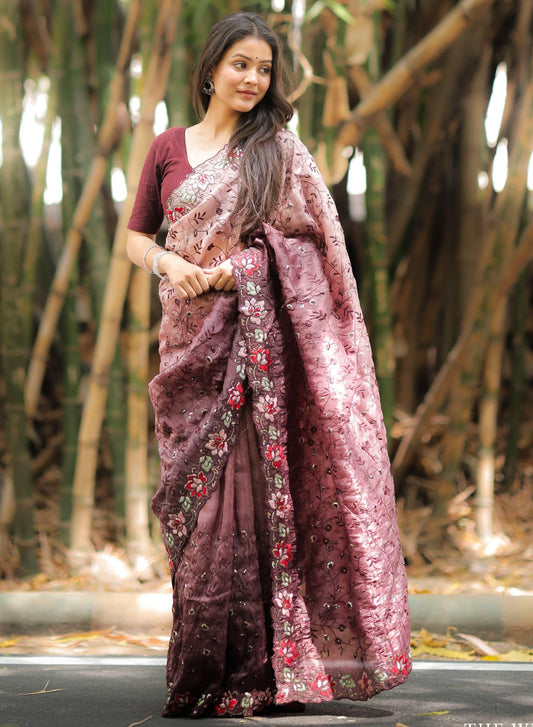 WINE COLOR PURE SHIMMER CRUNCHY CRUSH WITH RAW SILK SAREE