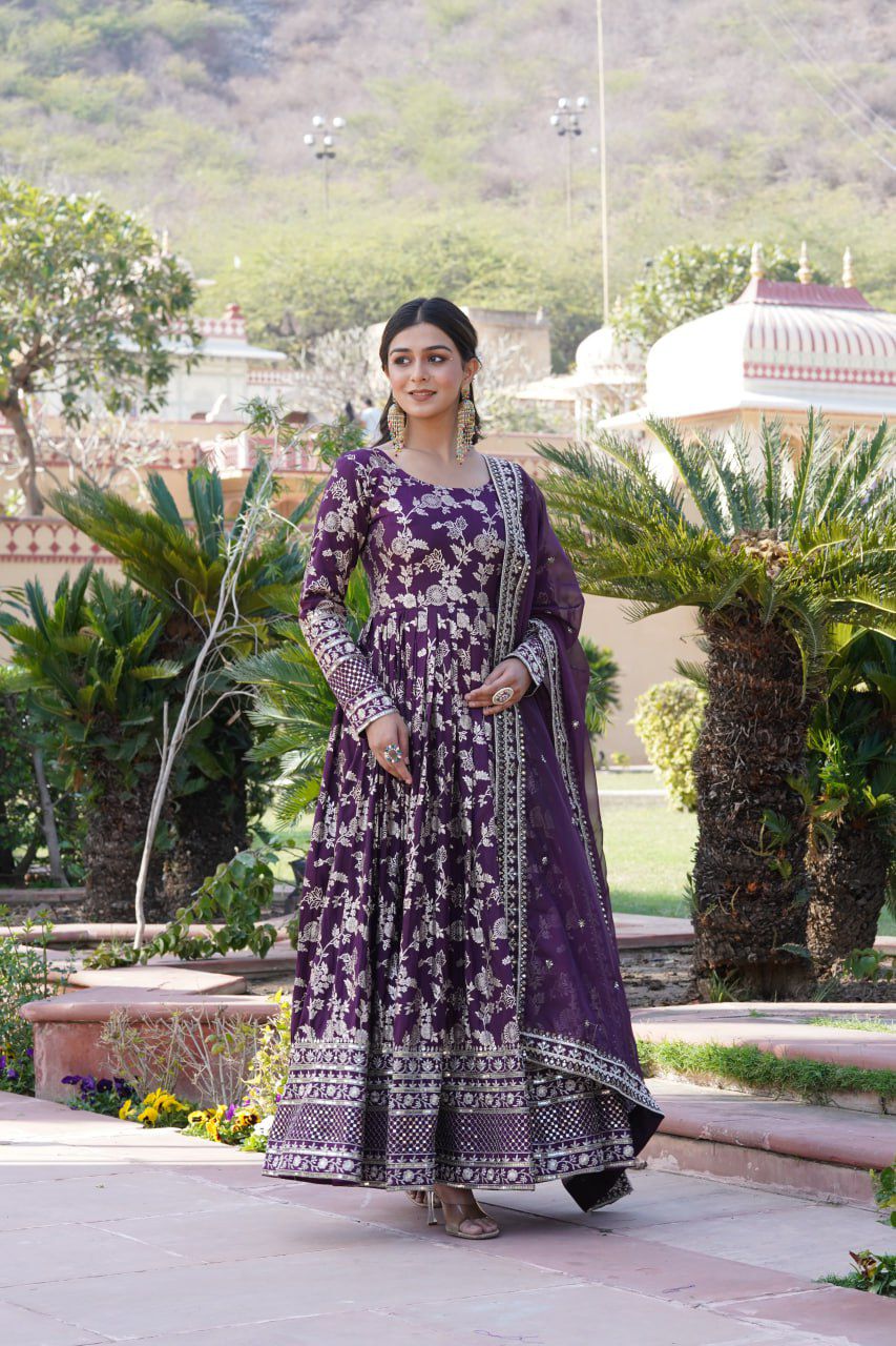 VISCOSE DIABLE JACQUARD ANARKALI GOWN WITH RUSSIAN SILK DUPATTA