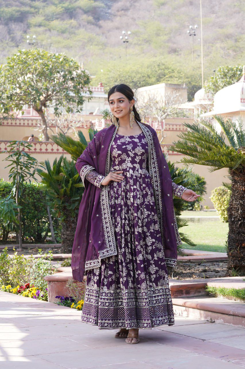 VISCOSE DIABLE JACQUARD ANARKALI GOWN WITH RUSSIAN SILK DUPATTA