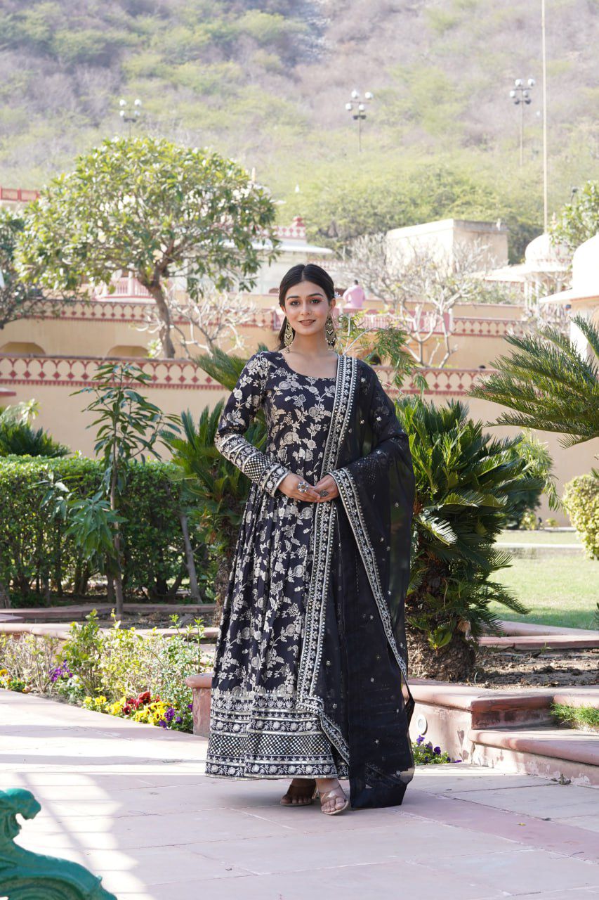 VISCOSE DIABLE JACQUARD ANARKALI GOWN WITH RUSSIAN SILK DUPATTA