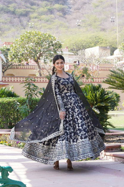 VISCOSE DIABLE JACQUARD ANARKALI GOWN WITH RUSSIAN SILK DUPATTA