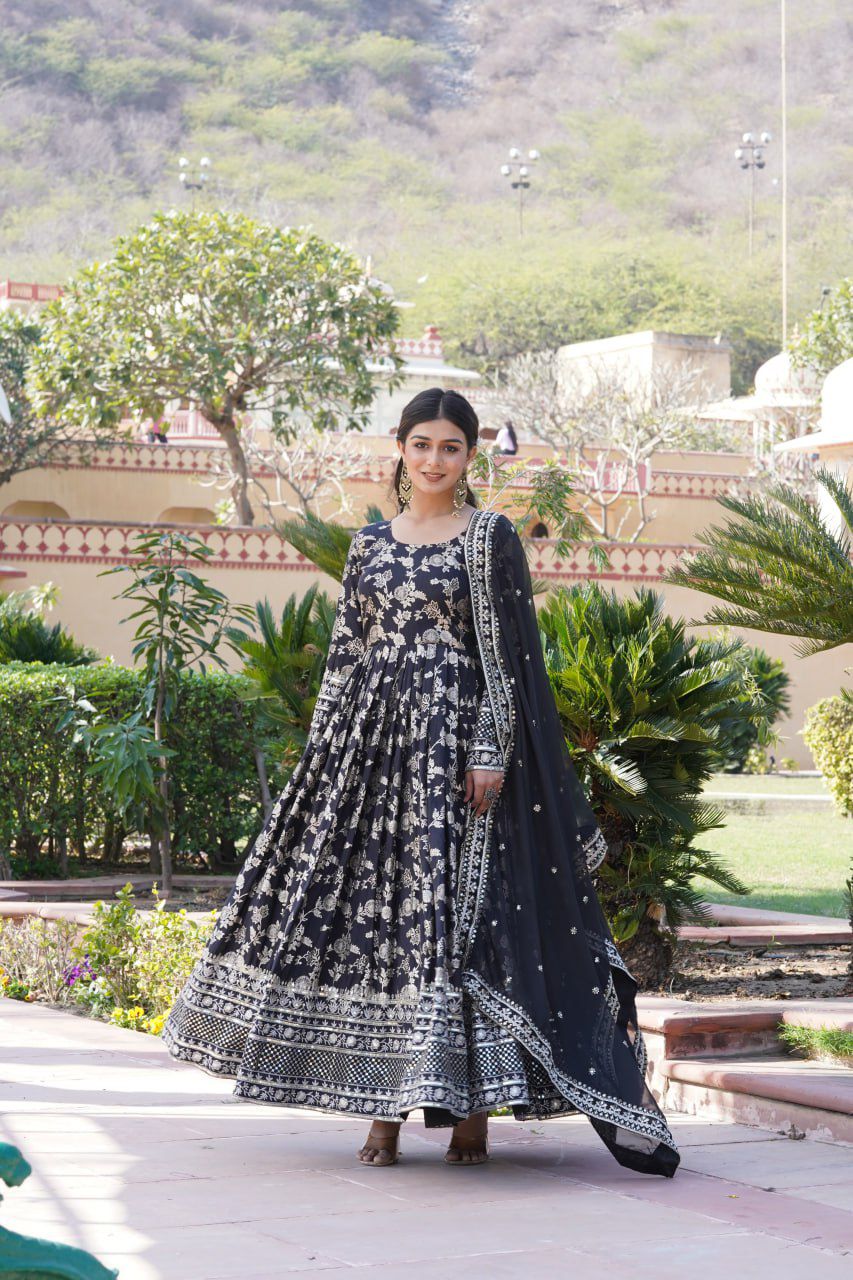 VISCOSE DIABLE JACQUARD ANARKALI GOWN WITH RUSSIAN SILK DUPATTA