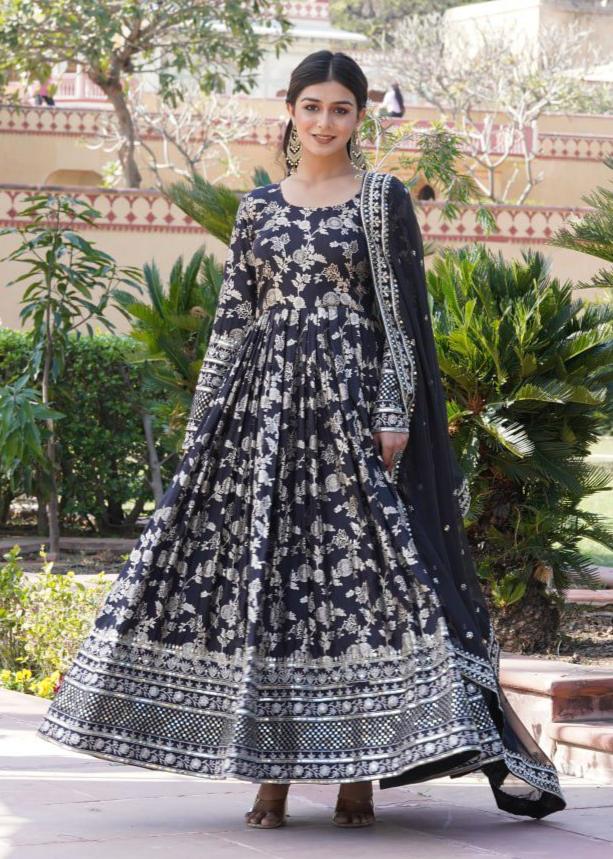 VISCOSE DIABLE JACQUARD ANARKALI GOWN WITH RUSSIAN SILK DUPATTA