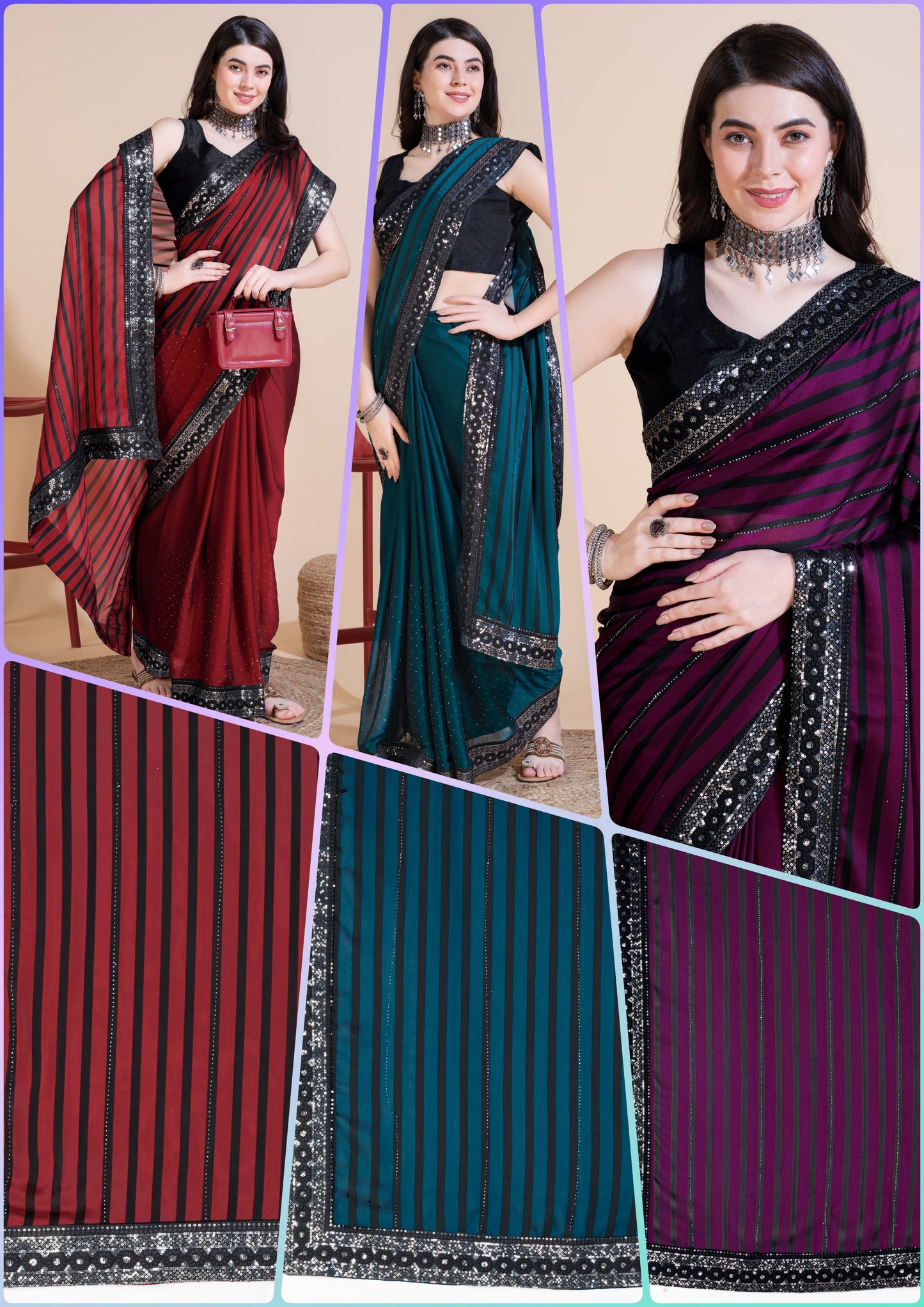 WINE COLOR HOTFIX SEQUIN WORK WITH RANGOLI SILK SAREE