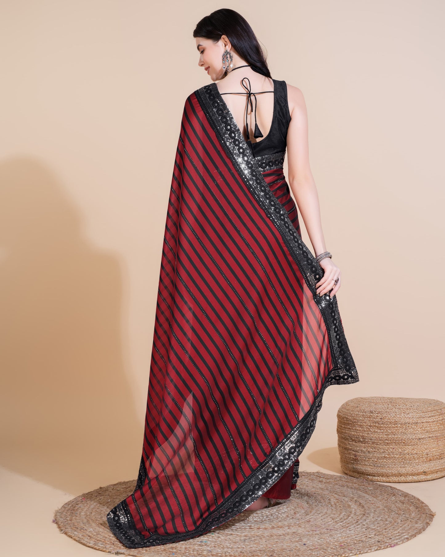 WINE COLOR HOTFIX SEQUIN WORK WITH RANGOLI SILK SAREE