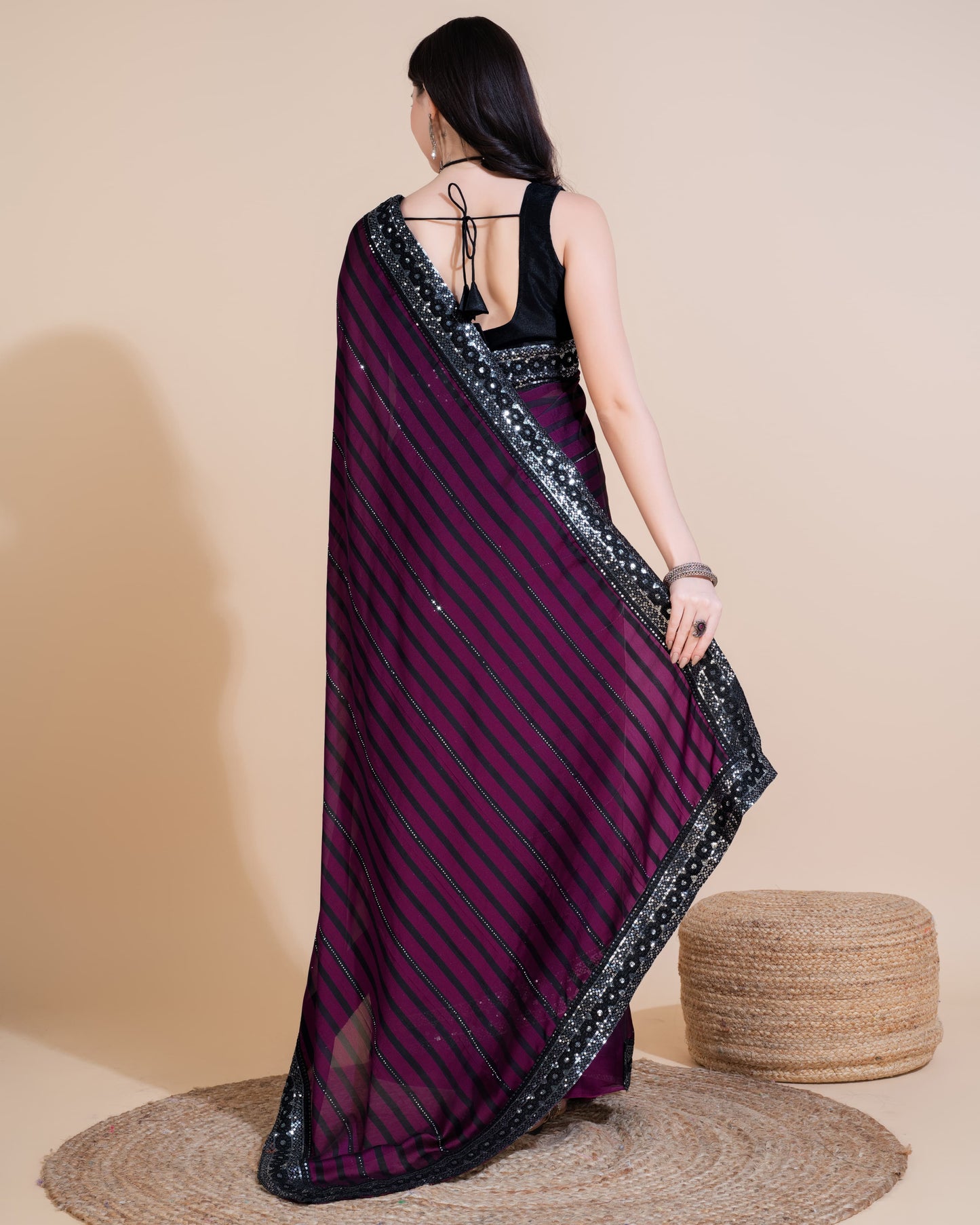 WINE COLOR HOTFIX SEQUIN WORK WITH RANGOLI SILK SAREE