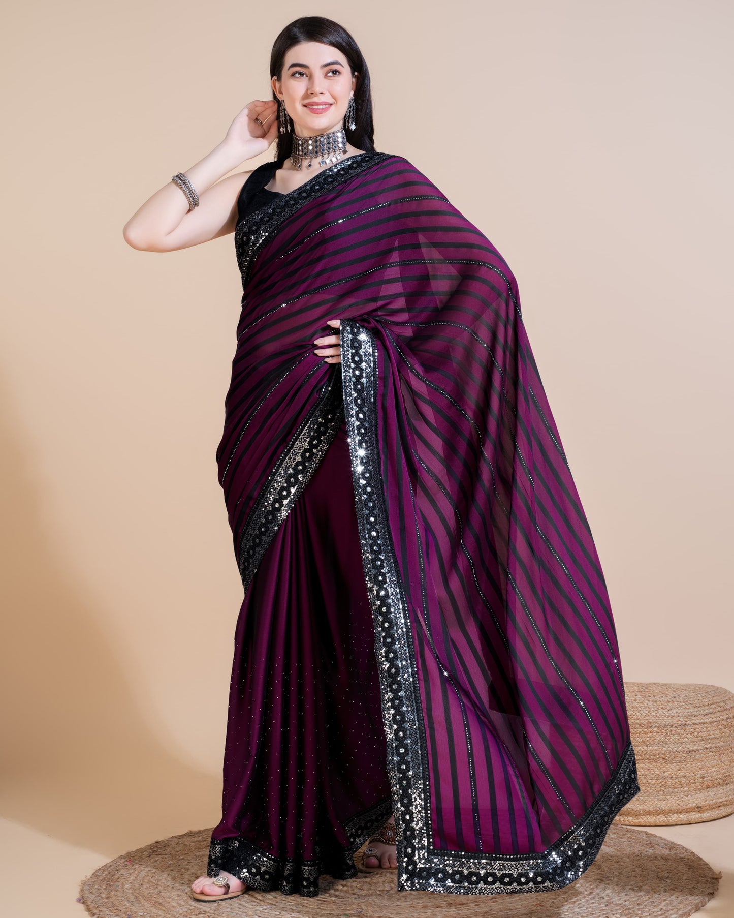 WINE COLOR HOTFIX SEQUIN WORK WITH RANGOLI SILK SAREE