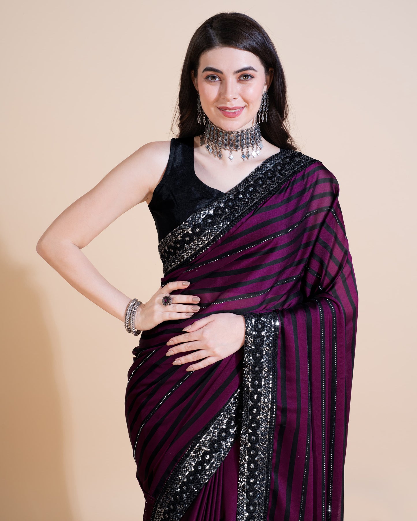 WINE COLOR HOTFIX SEQUIN WORK WITH RANGOLI SILK SAREE