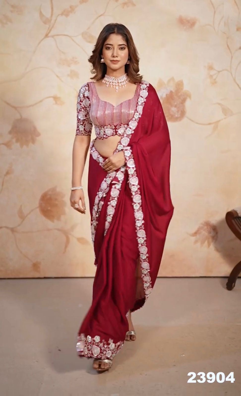 ROSE RED SATIN CHIFFON WITH EMBROIDARY WORK SAREE