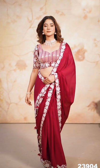 ROSE RED SATIN CHIFFON WITH EMBROIDARY WORK SAREE