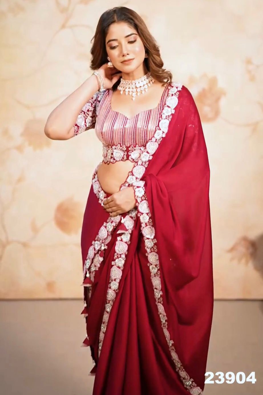 ROSE RED SATIN CHIFFON WITH EMBROIDARY WORK SAREE