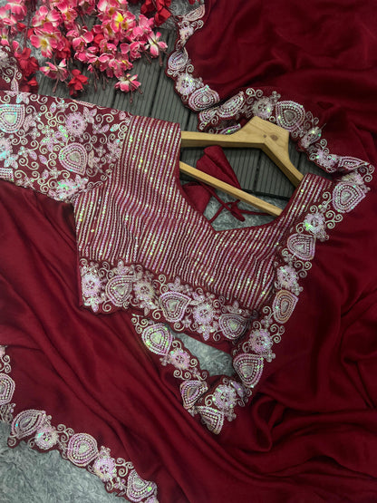 ROSE RED SATIN CHIFFON WITH EMBROIDARY WORK SAREE