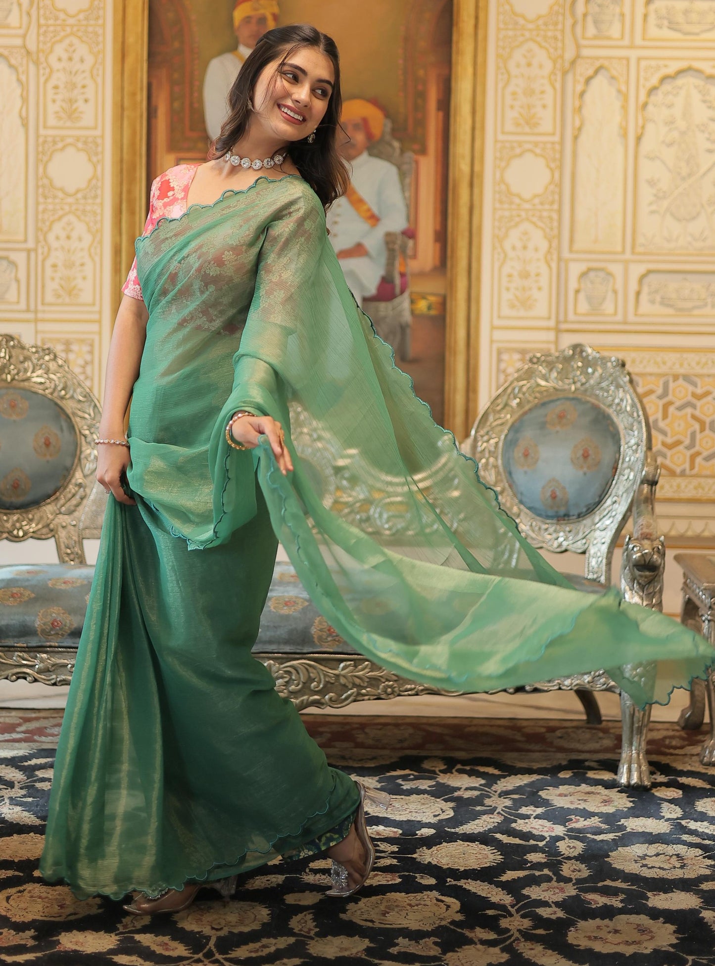 GREEN COLOR GOLD COIN ARCO CUT WORK  SAREE