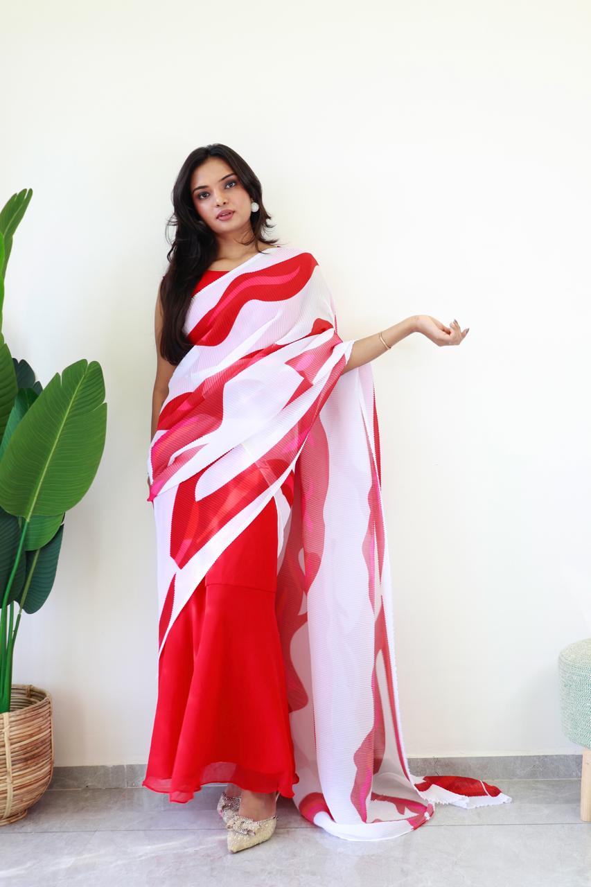 BOLD RED READY TO WEAR  GOWN SAREE