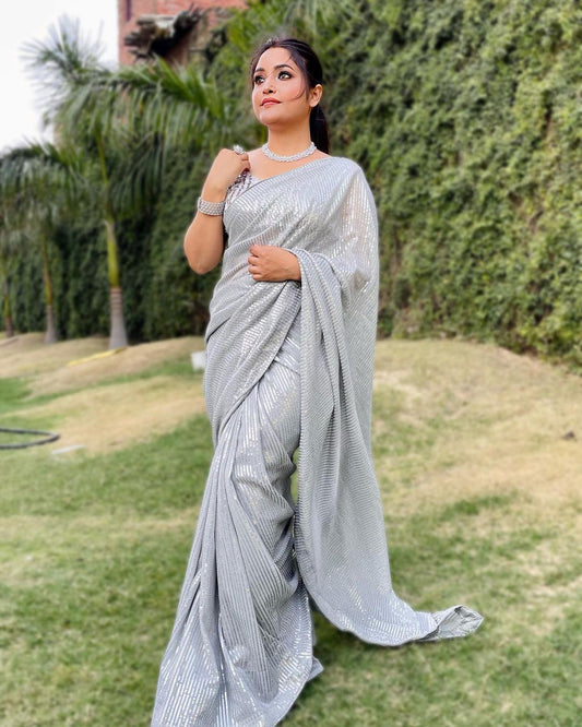 SILVER COLOR  HEAVY GEORGETTE SEQUINS EMBROIDERY WORK SAREE