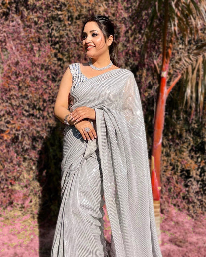 SILVER COLOR  HEAVY GEORGETTE SEQUINS EMBROIDERY WORK SAREE