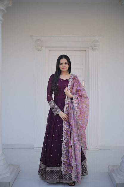 ZARI-THREAD SEQUINS WITH CUTWORK WINE COLOR  ANARKALI GOWN WITH DUPATTA