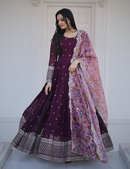 ZARI-THREAD SEQUINS WITH CUTWORK WINE COLOR  ANARKALI GOWN WITH DUPATTA