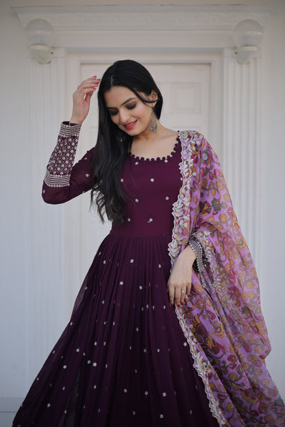 ZARI-THREAD SEQUINS WITH CUTWORK WINE COLOR  ANARKALI GOWN WITH DUPATTA