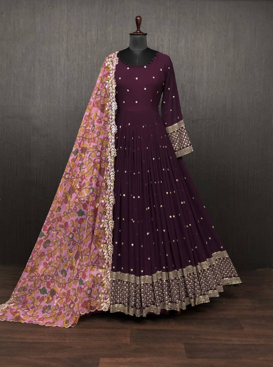 ZARI-THREAD SEQUINS WITH CUTWORK WINE COLOR  ANARKALI GOWN WITH DUPATTA