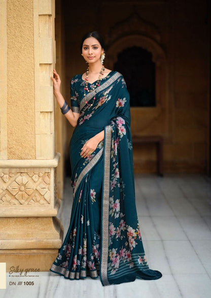 SKY BLUE COLOR PURE VISCOSE SATIN WITH DIGITAL PRINT SAREE