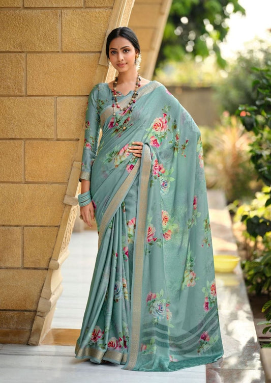 SKY BLUE COLOR PURE VISCOSE SATIN WITH DIGITAL PRINT SAREE