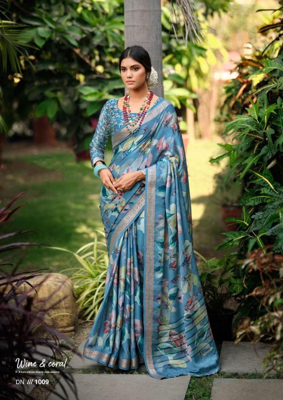 SKY BLUE COLOR PURE VISCOSE SATIN WITH DIGITAL PRINT SAREE