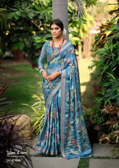 SKY BLUE COLOR PURE VISCOSE SATIN WITH DIGITAL PRINT SAREE