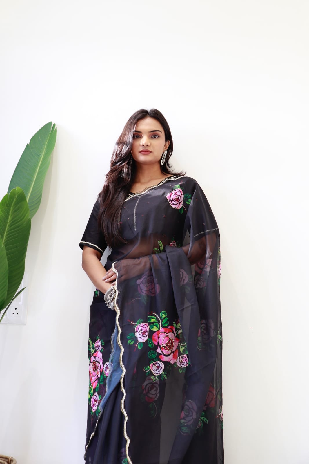 BLACK FLORAL PRINT PURE & SOFT ORGANJA SILK SAREE