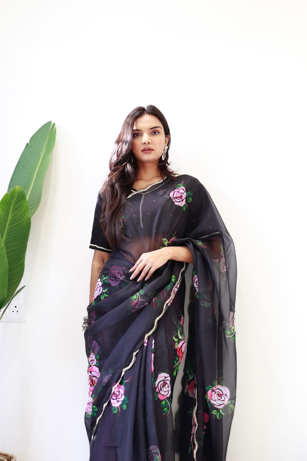 BLACK FLORAL PRINT PURE & SOFT ORGANJA SILK SAREE