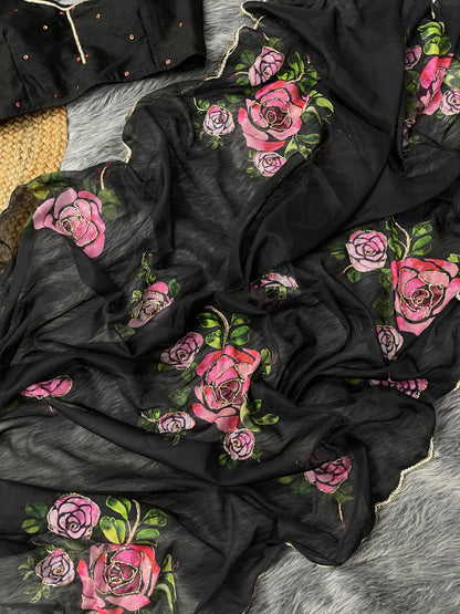 BLACK FLORAL PRINT PURE & SOFT ORGANJA SILK SAREE