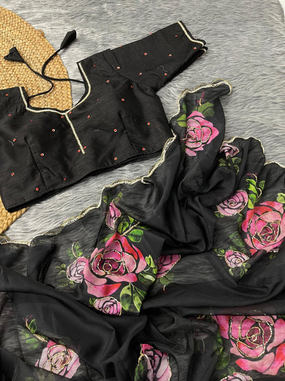 BLACK FLORAL PRINT PURE & SOFT ORGANJA SILK SAREE