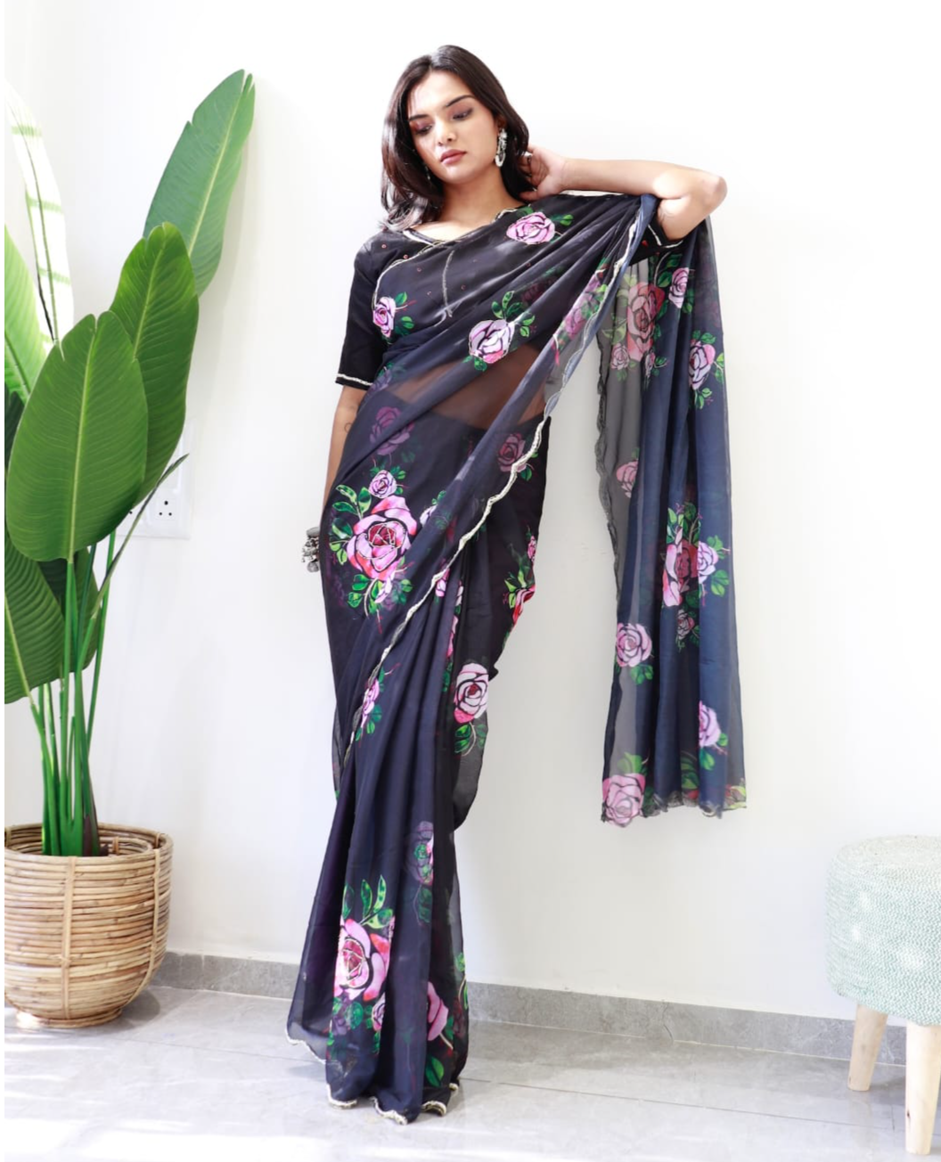 BLACK FLORAL PRINT PURE & SOFT ORGANJA SILK SAREE