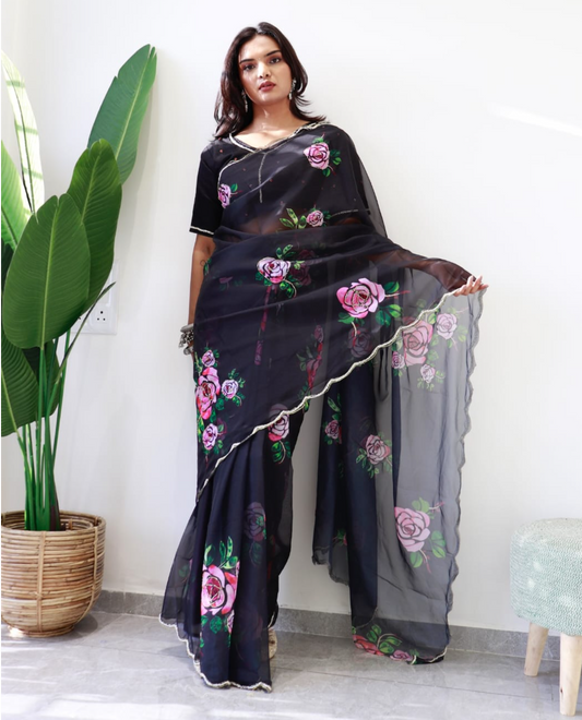 BLACK FLORAL PRINT PURE & SOFT ORGANJA SILK SAREE