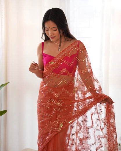 PINK COLOR HEAVY BUTTERFLY NET WITH CUT WORK SAREE