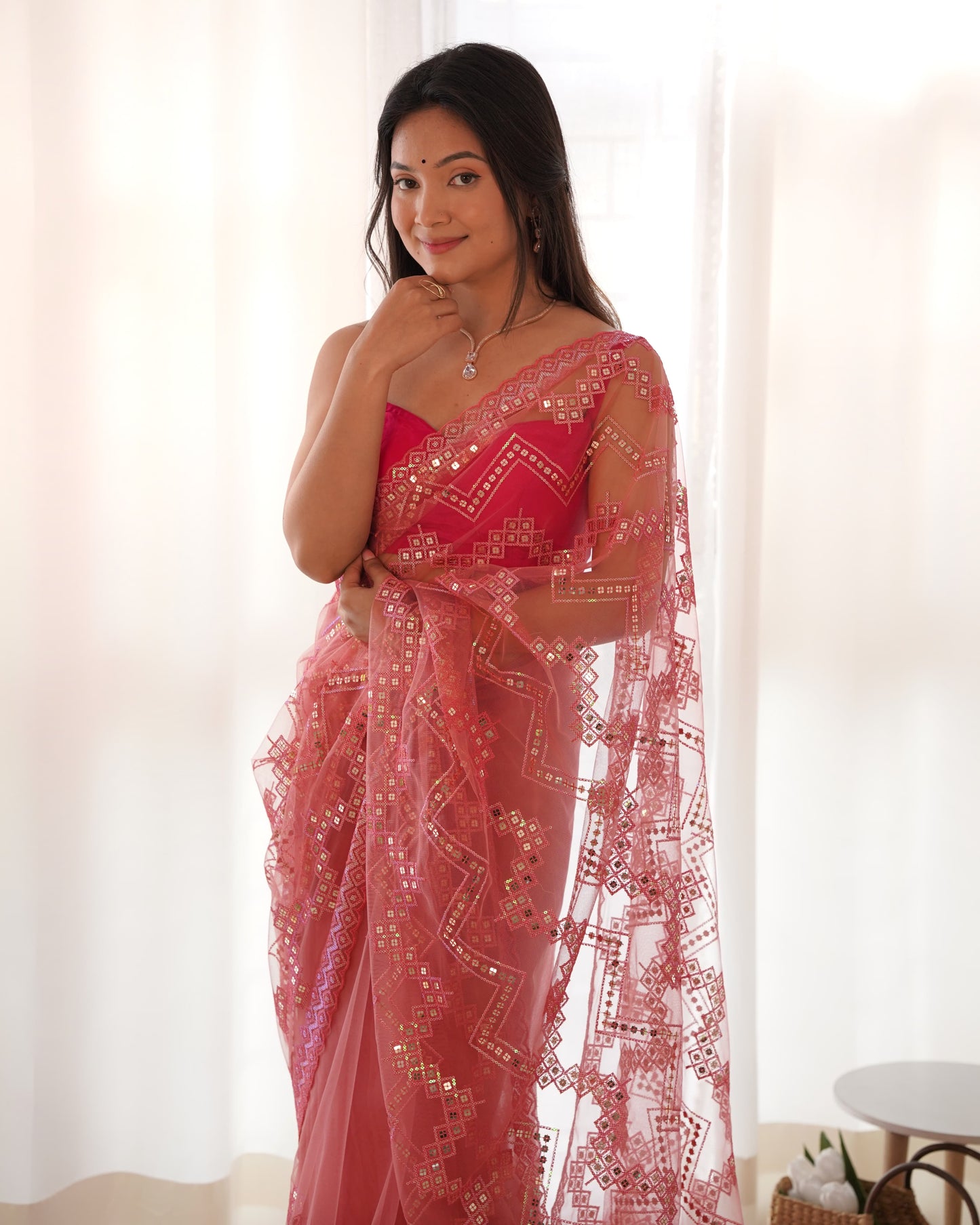 PINK COLOR HEAVY BUTTERFLY NET WITH CUT WORK SAREE