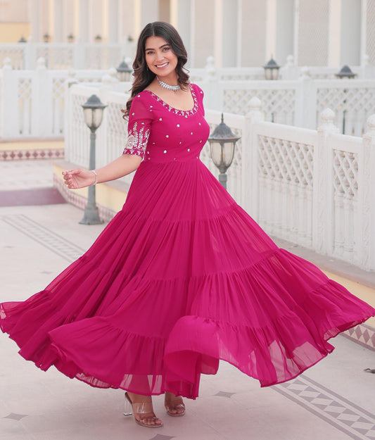 DEEP PINK ZARI -THREAD SEQUINS WORK  ANARKALI GOWN