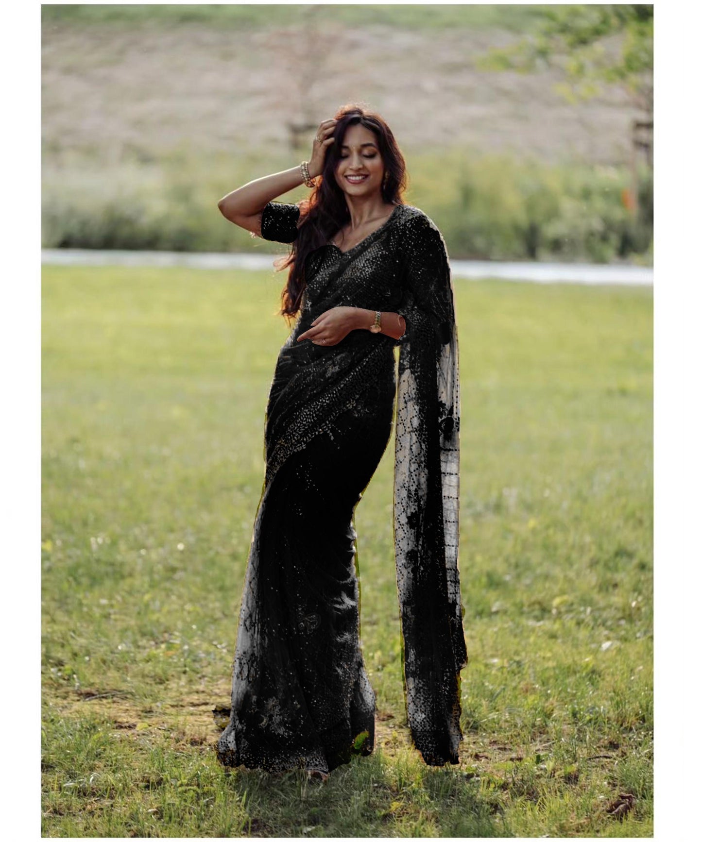 BLACK COLOR SOFT NET SEQUINS EMBROIDERY WORK  SAREE