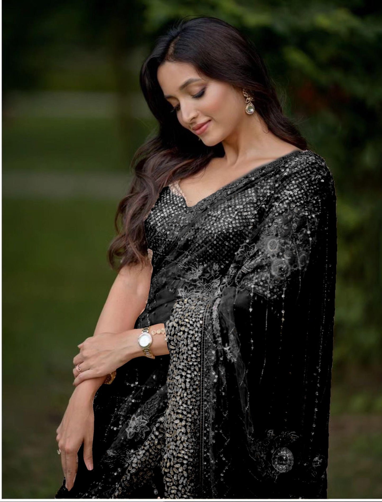 BLACK COLOR SOFT NET SEQUINS EMBROIDERY WORK  SAREE