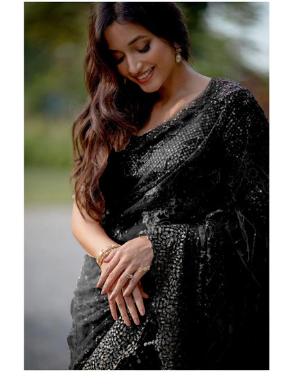 BLACK COLOR SOFT NET SEQUINS EMBROIDERY WORK  SAREE