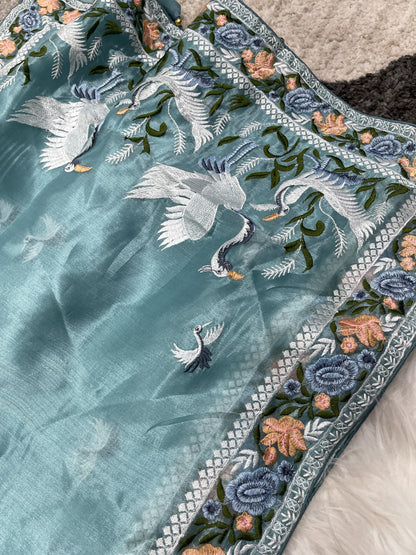 SKY BLUE PURE SOFT ORGANJA KHADI SILK SAREE