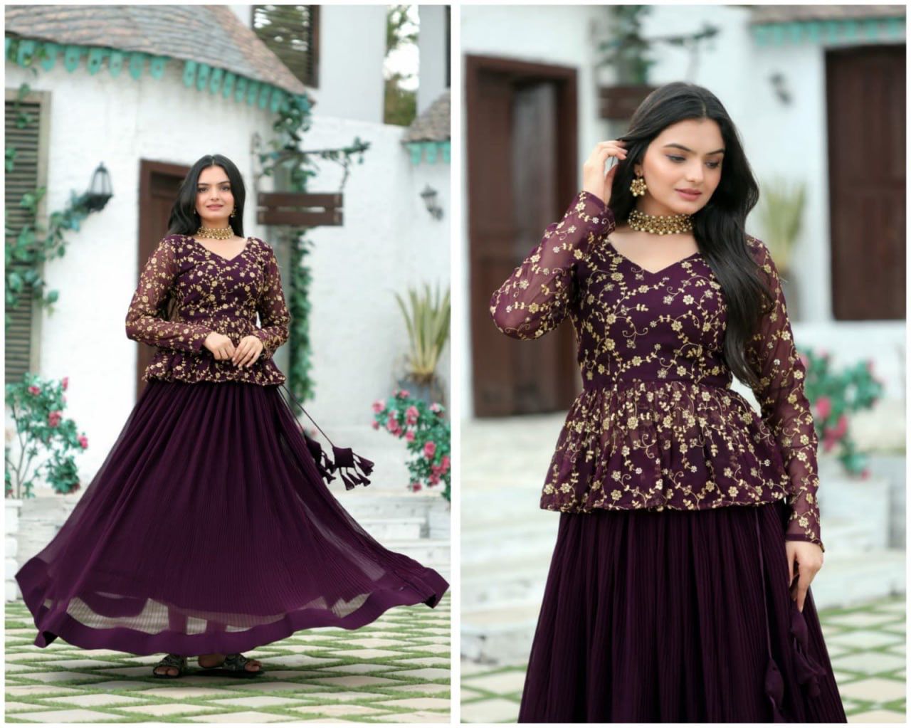 CRUSH PLEATING WINE COLOR WITH HEAVY EMBROIDERED  LEHENGA CHOLI