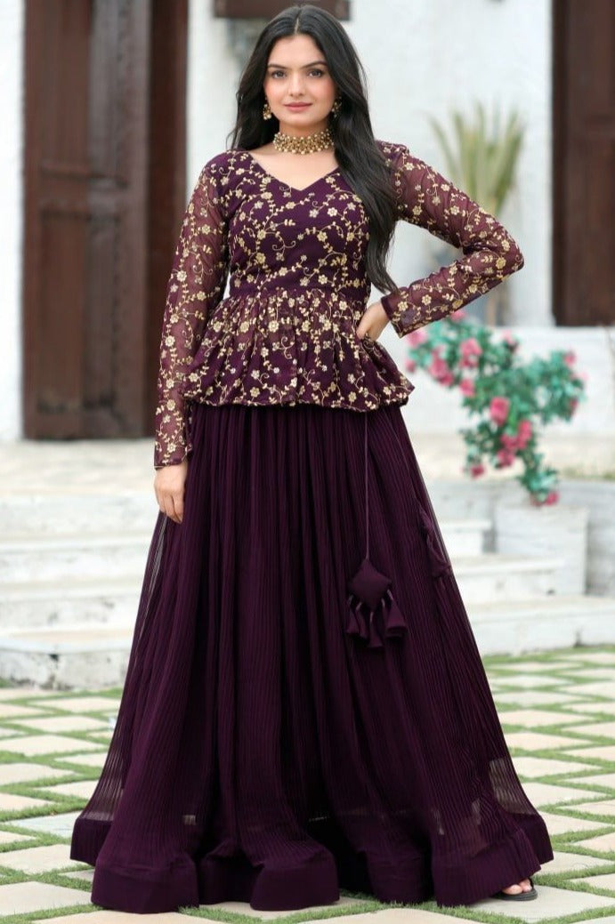 CRUSH PLEATING WINE COLOR WITH HEAVY EMBROIDERED  LEHENGA CHOLI