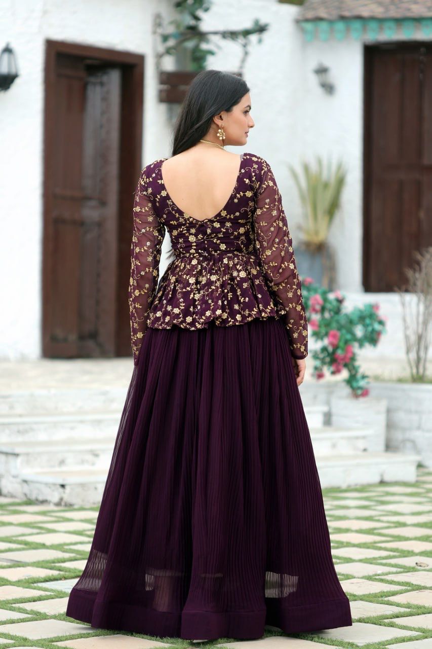 CRUSH PLEATING WINE COLOR WITH HEAVY EMBROIDERED  LEHENGA CHOLI